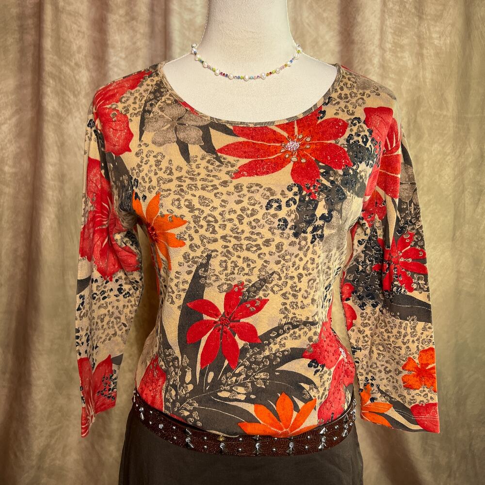 Vintage Grunge Top 90s Animal Print Floral Beaded 3/4 Sleeve Boho Euro Tropical